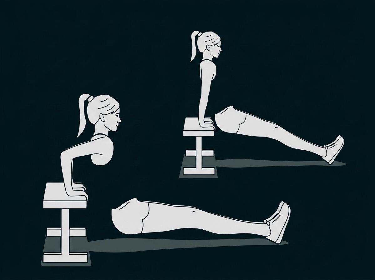 Frau führt Dips an einer Bank aus, zwei Positionen mit ausgestreckten Beinen